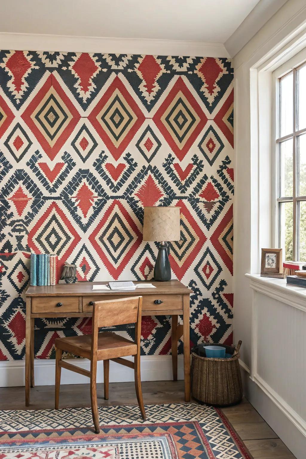 Striking wallpaper adds personality and style to the space.