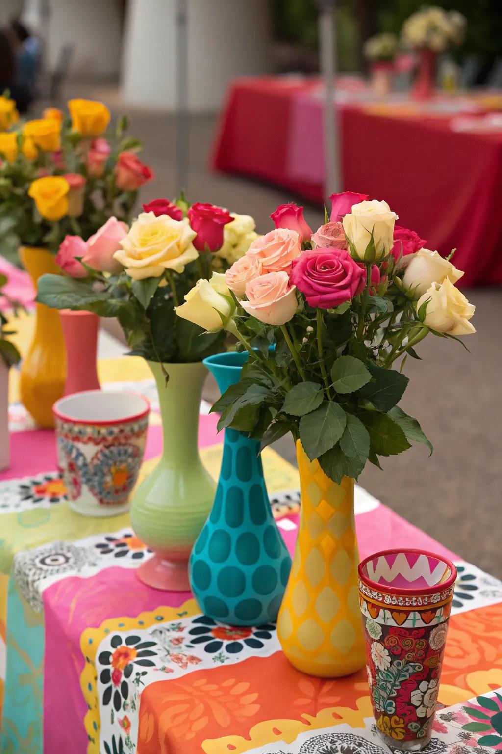 Spirited Eclectic Mix with Shaded Containers and Roses