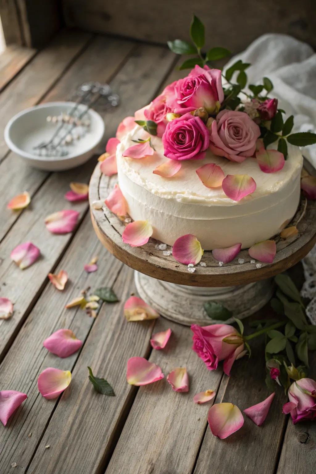 A cake beautifully adorned using fresh rose petals