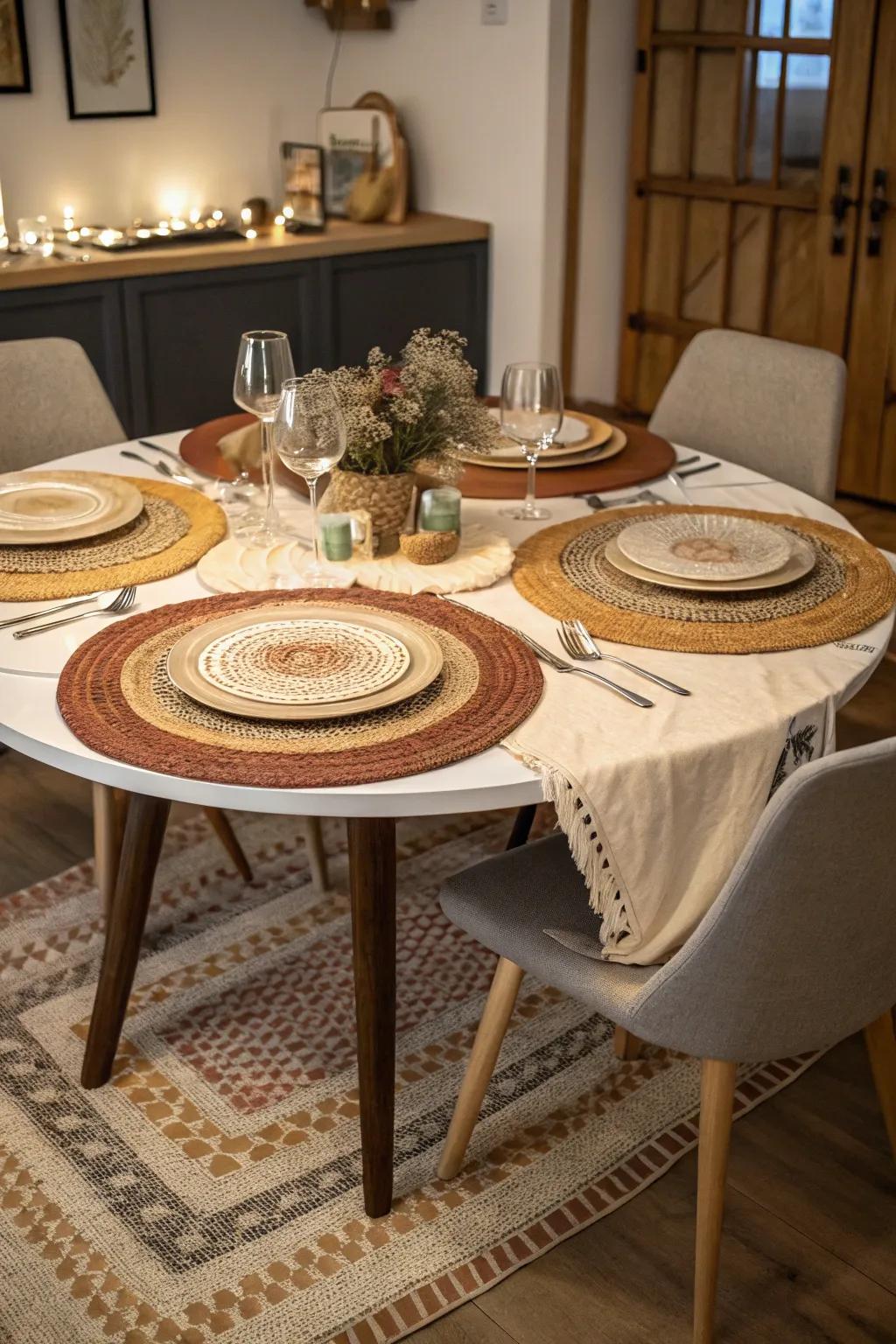 Layered floor coverings define the space and add coziness.