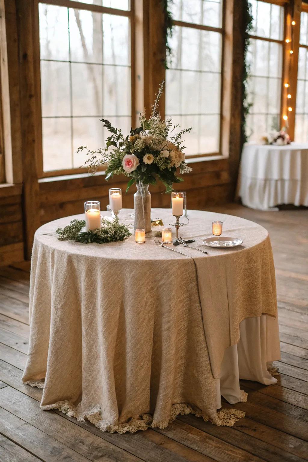 Tablecloth fashioned from natural fiber for an eco-conscious wedding.