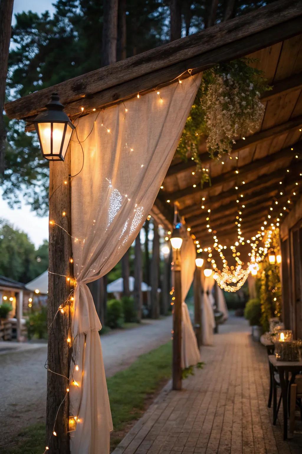 Fairy lights create a magical countryside atmosphere.