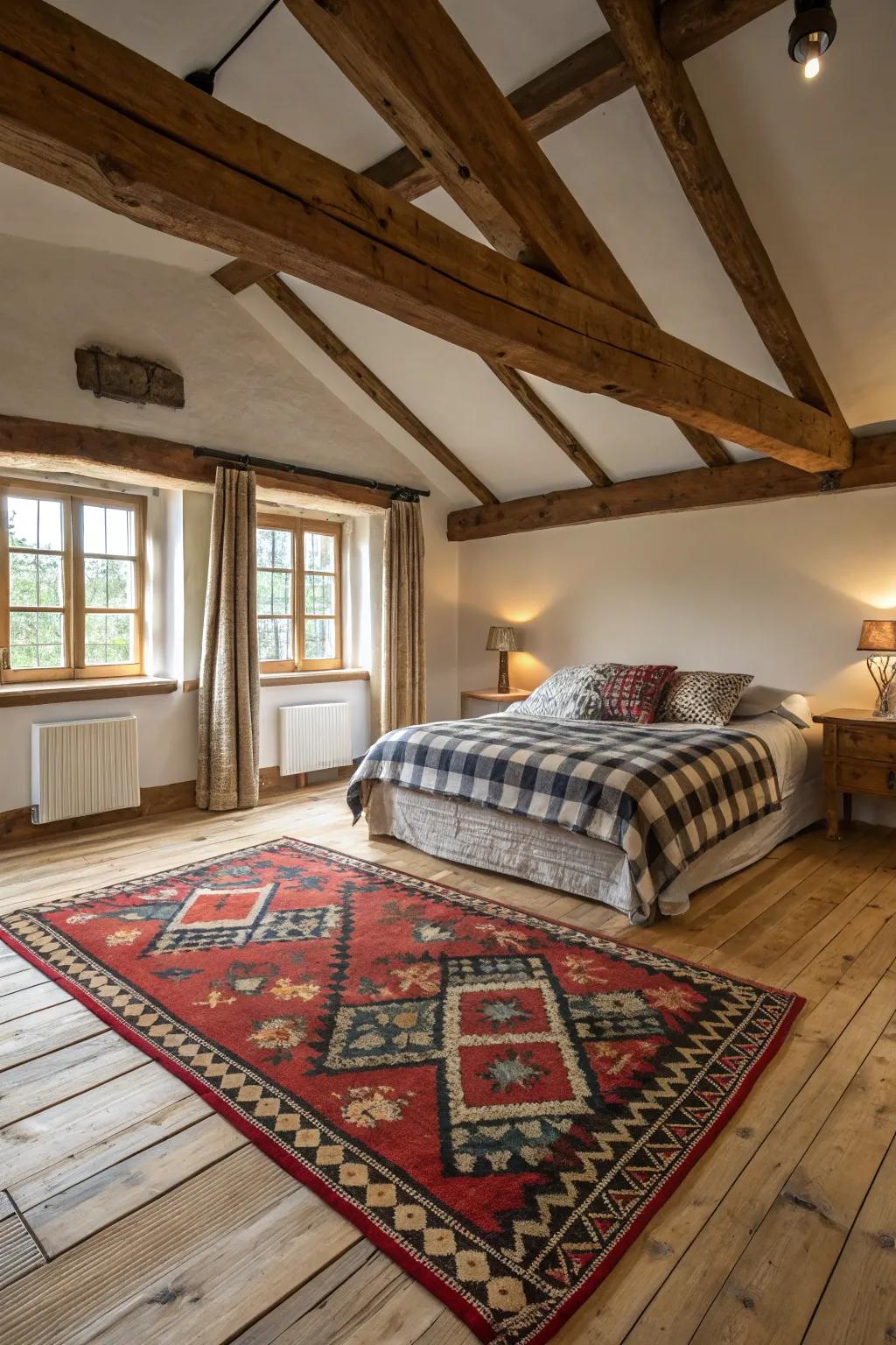 A striking floor covering ties the room together.