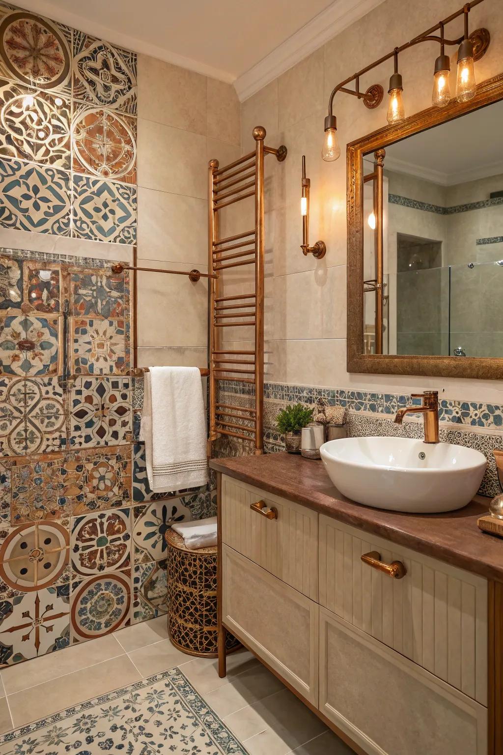 Design a statement featuring metallic and Moroccan tiles.