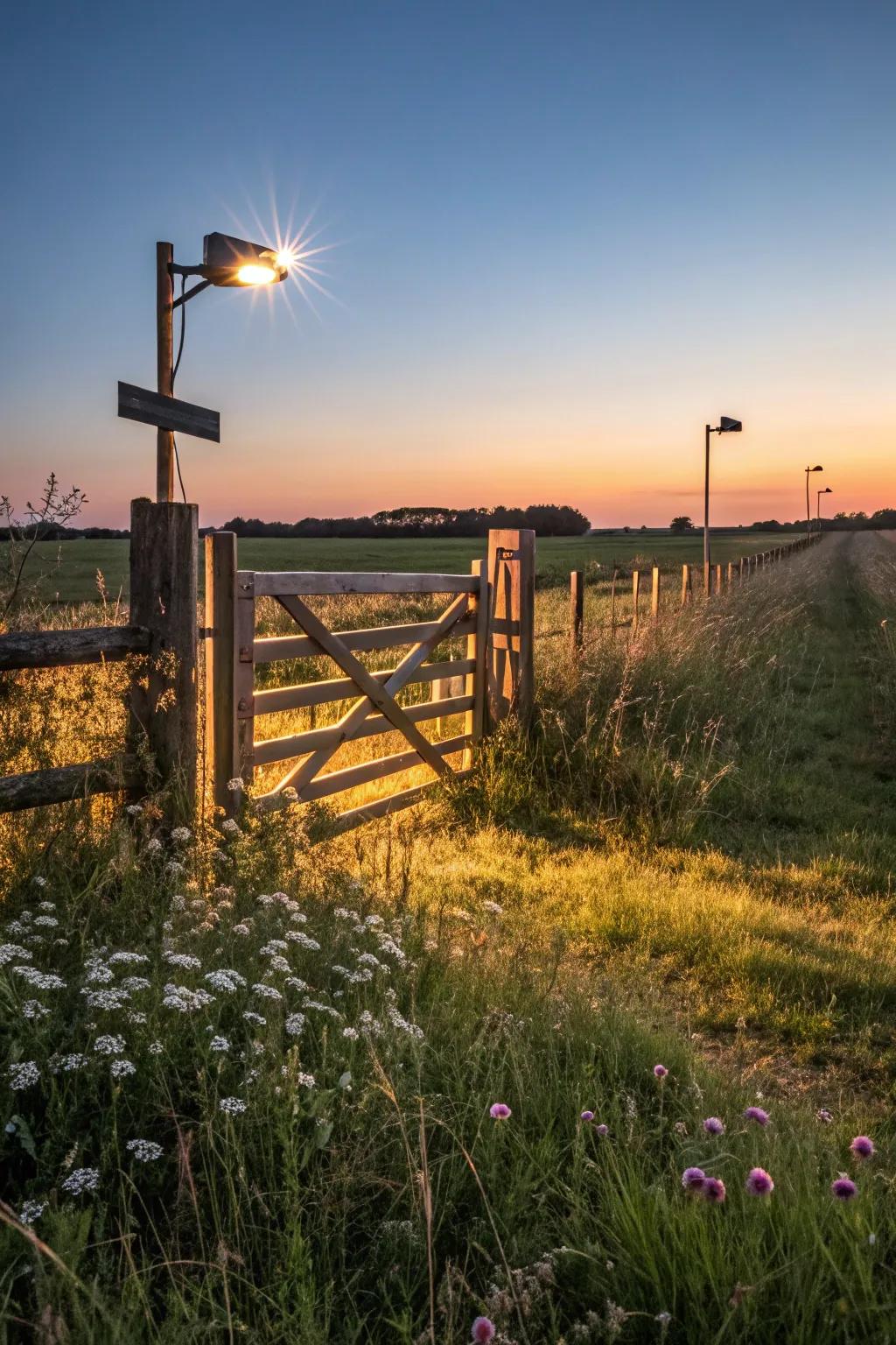 A homestead portal beautifully illuminated with solar-powered lamps.