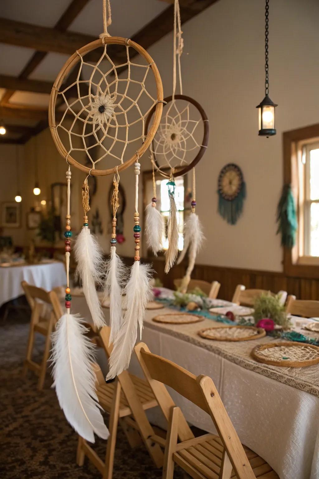 Dreamcatchers contributing a bohemian accent to the countryside wedding setting.