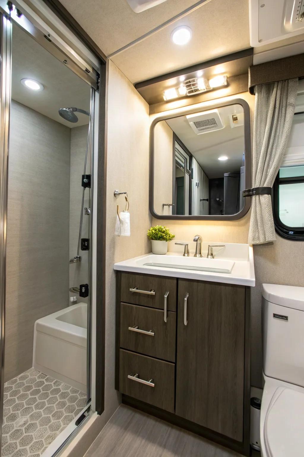 Integrate function and design with a mirror cabinet.
