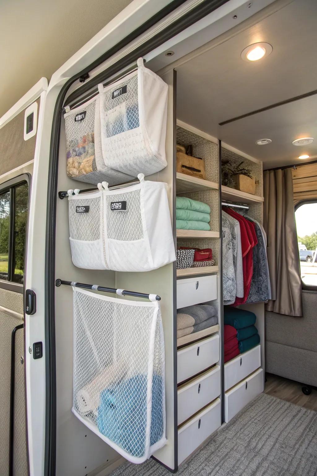 Overhead storage nets efficiently use ceiling space in an RV closet.