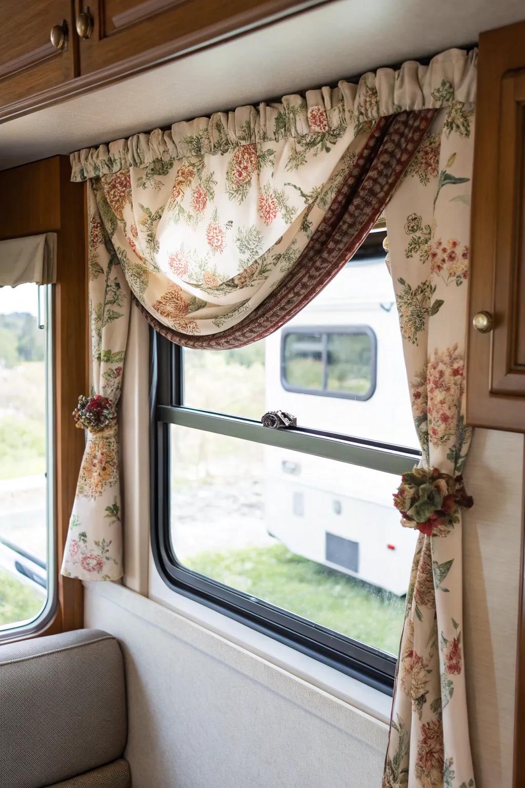 Toppers give RV windows an ornamental frame, enhancing design.
