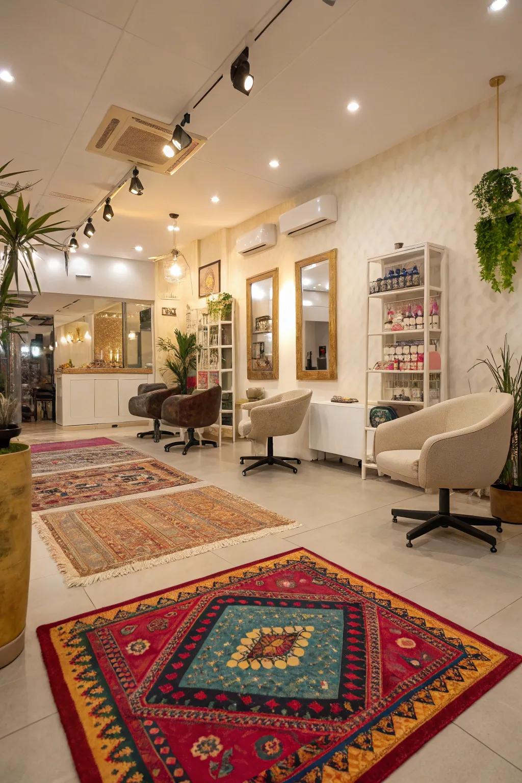 Statement rugs define and warm up the space.