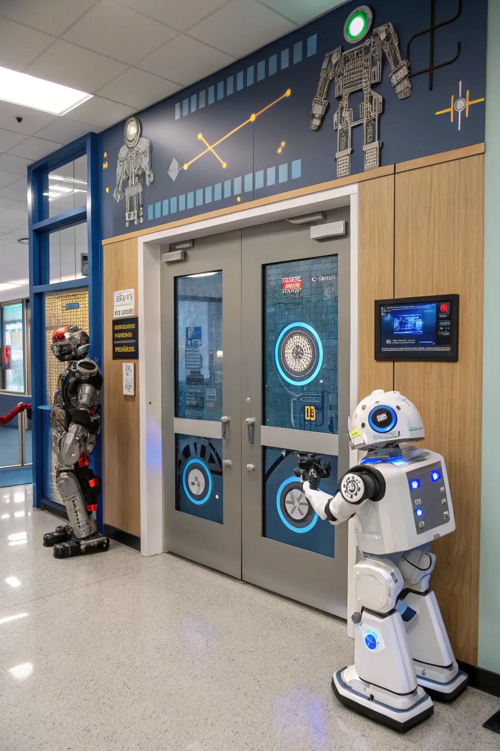 A futuristic tech-themed school entrance featuring innovative designs.