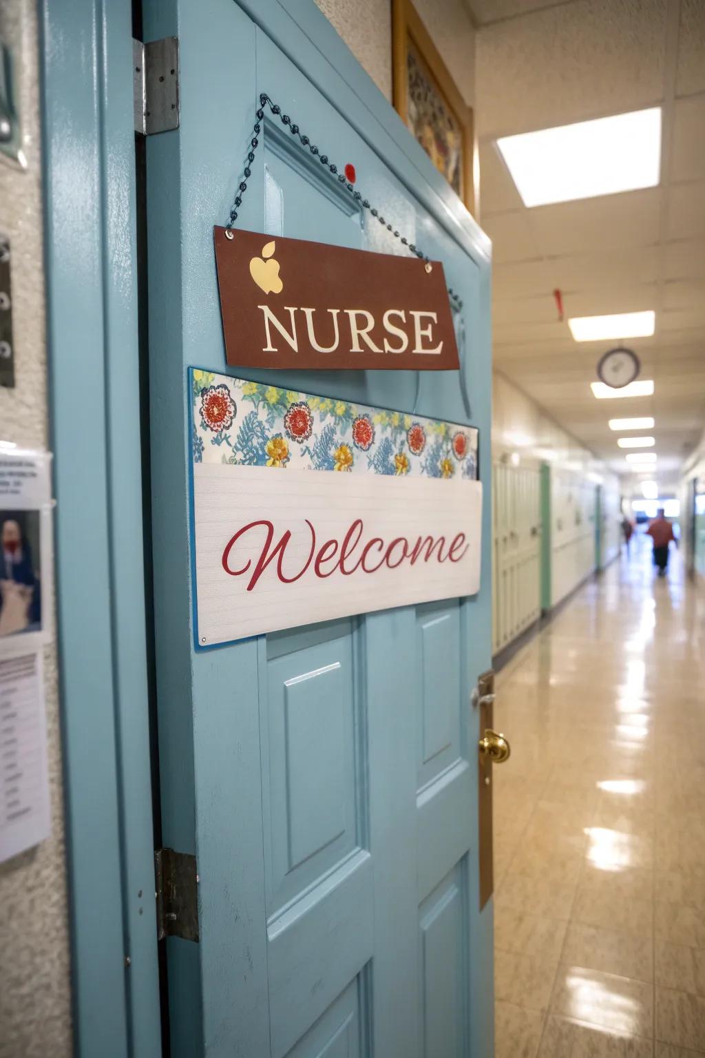 A personal touch on the school nurse’s door with a welcome sign.