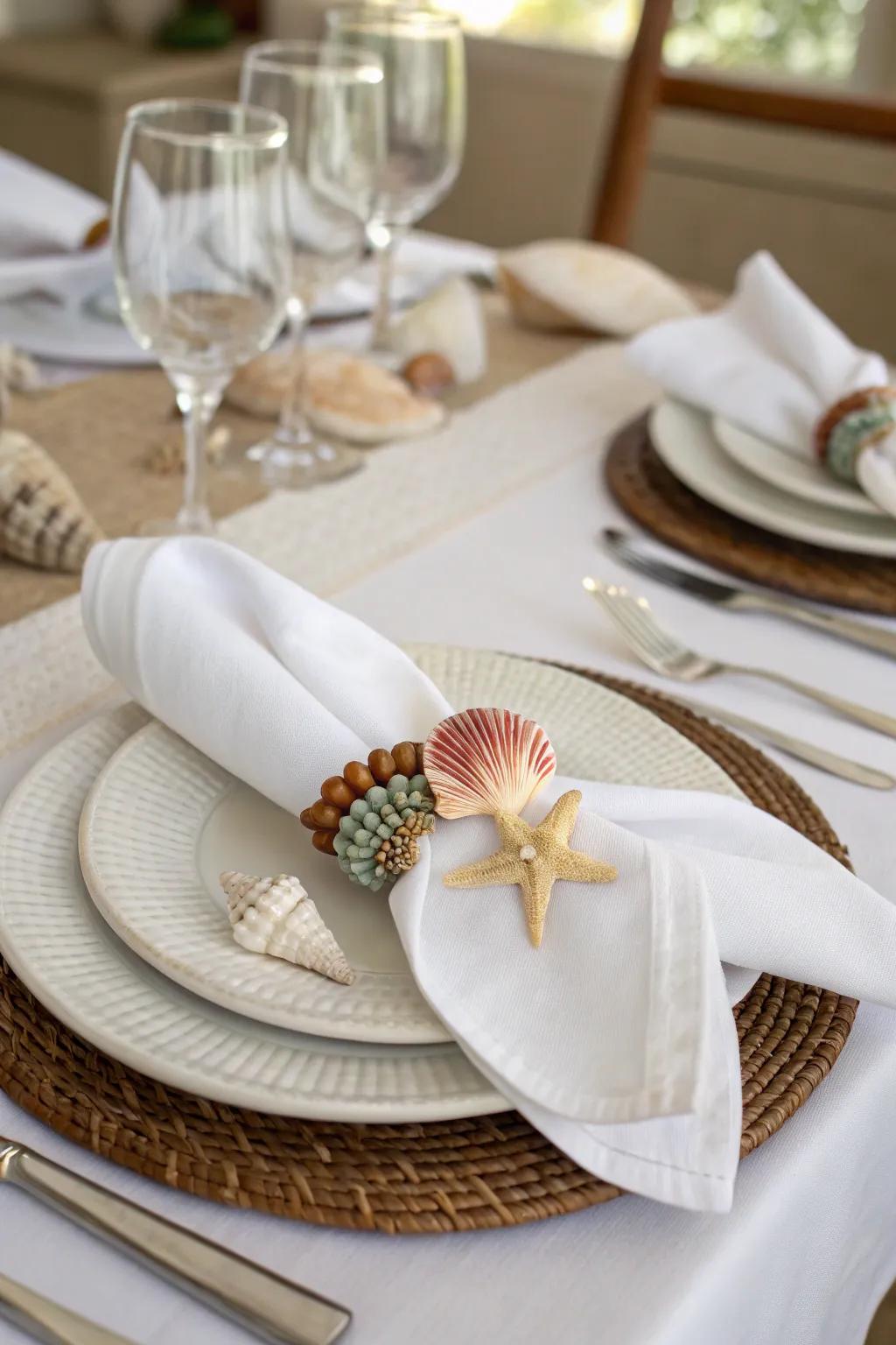 Seashell napkin bands append a delightful coastal element to your table configuration.