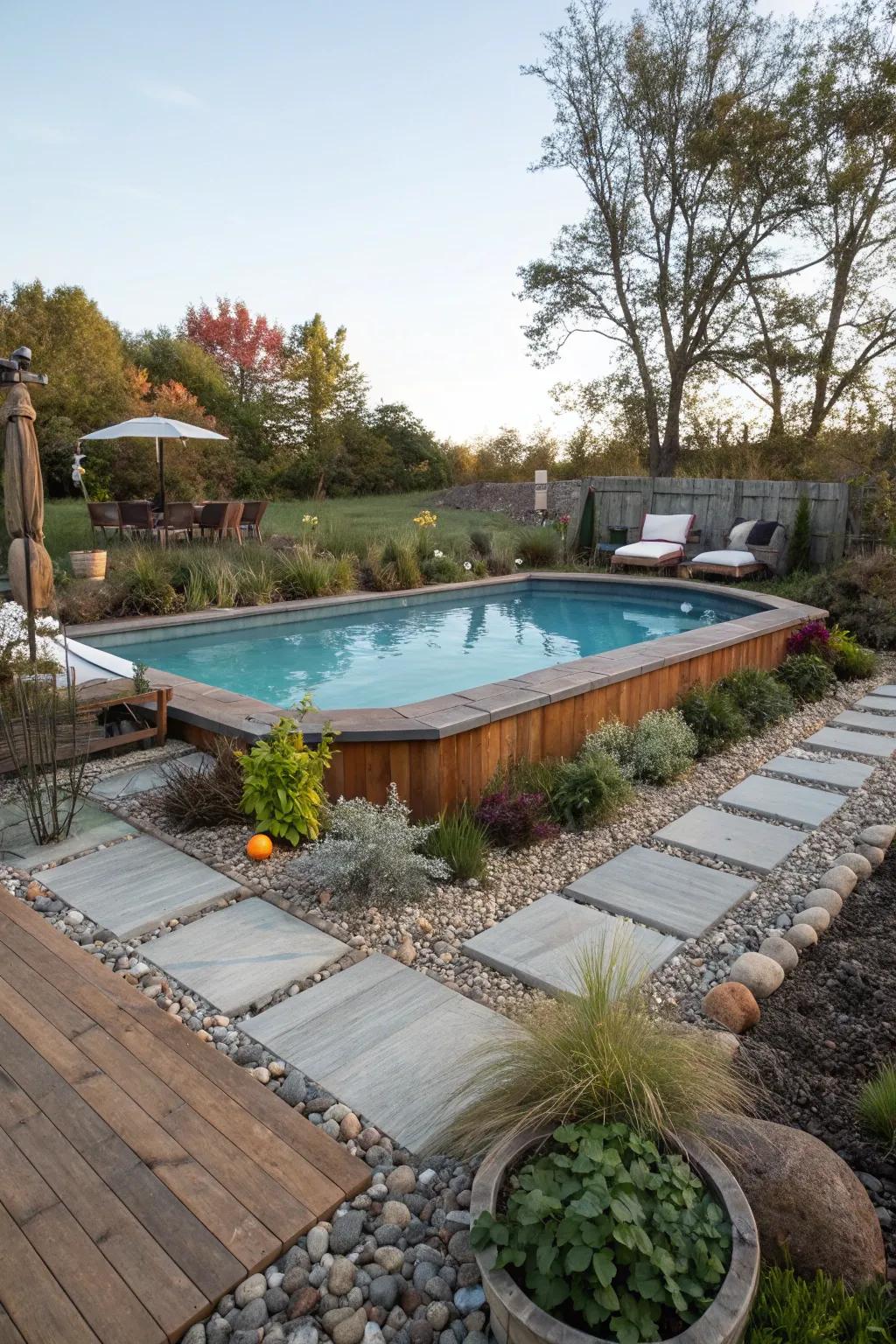 Mixed materials create a dynamic and personalized poolside retreat.