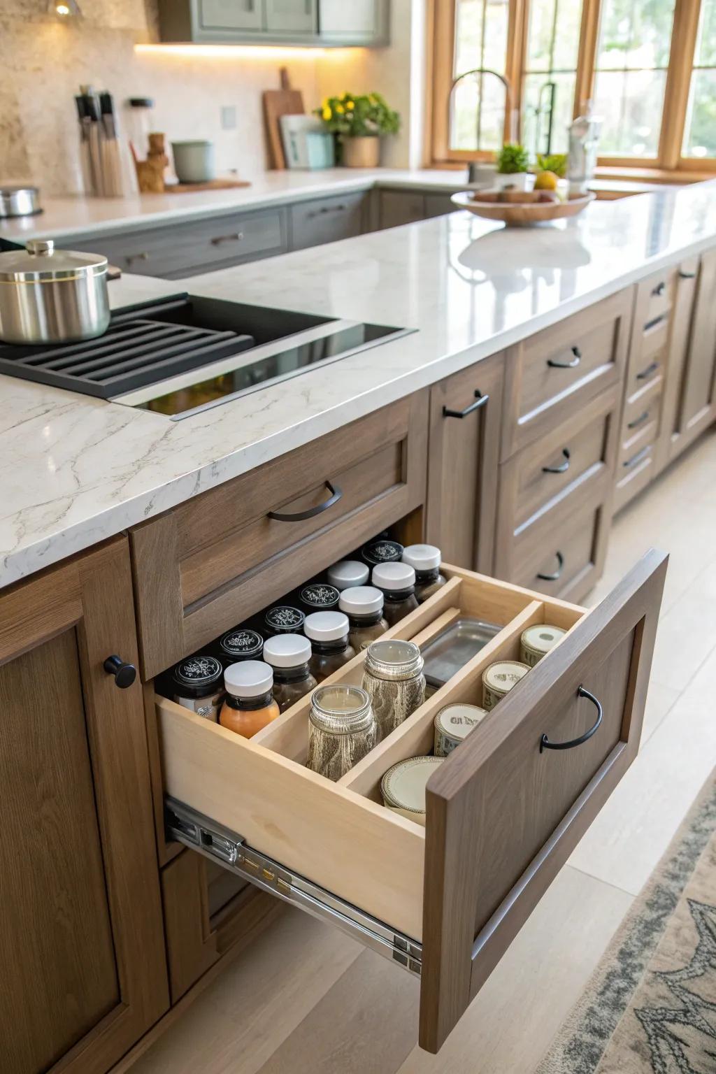 A hidden compartment drawer offers discreet storage for protein mixers.