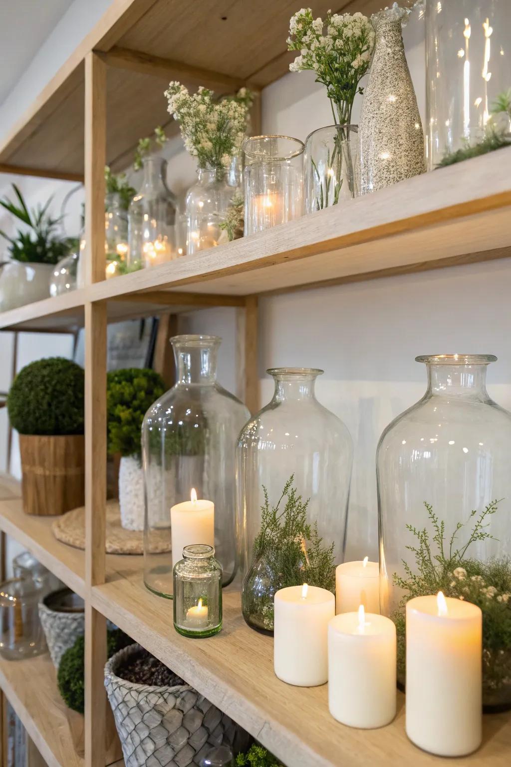 Transparent elements conjure an airy, open shelf arrangement.