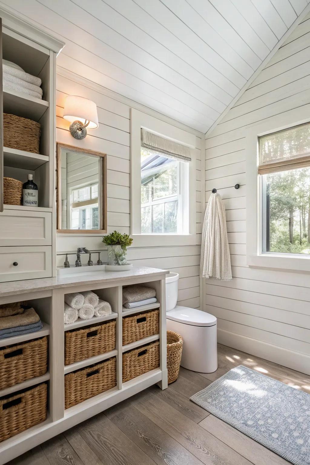 A bathroom featuring wall plank walls offering storage.