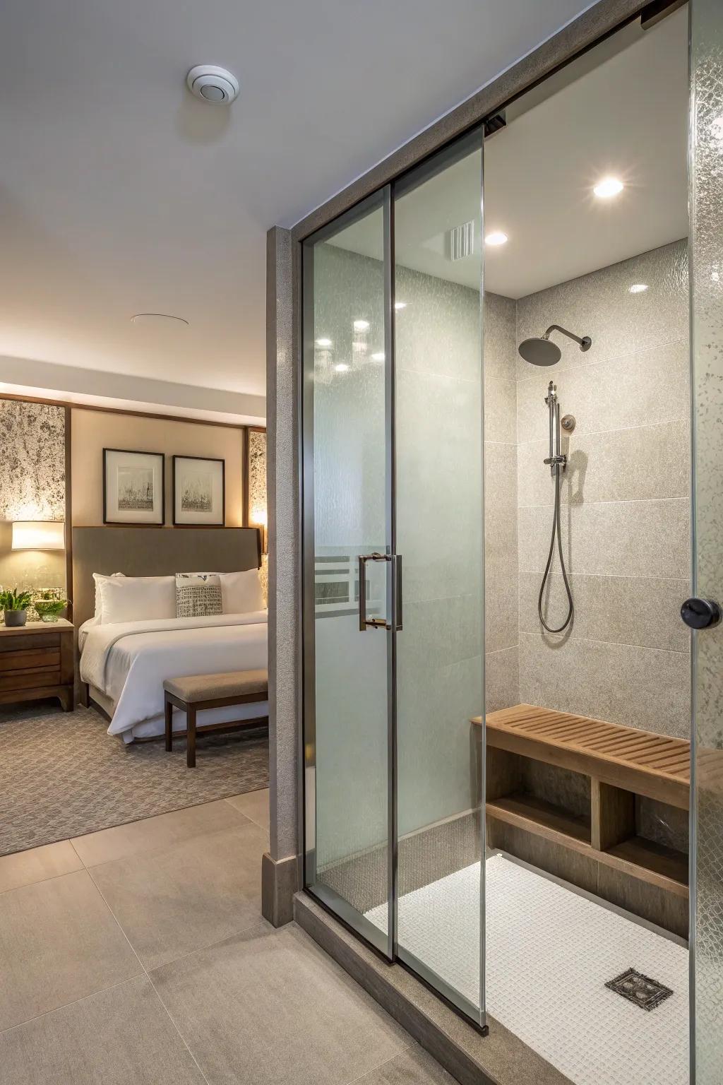 Frosted glass provides privacy and elegance to the shower.
