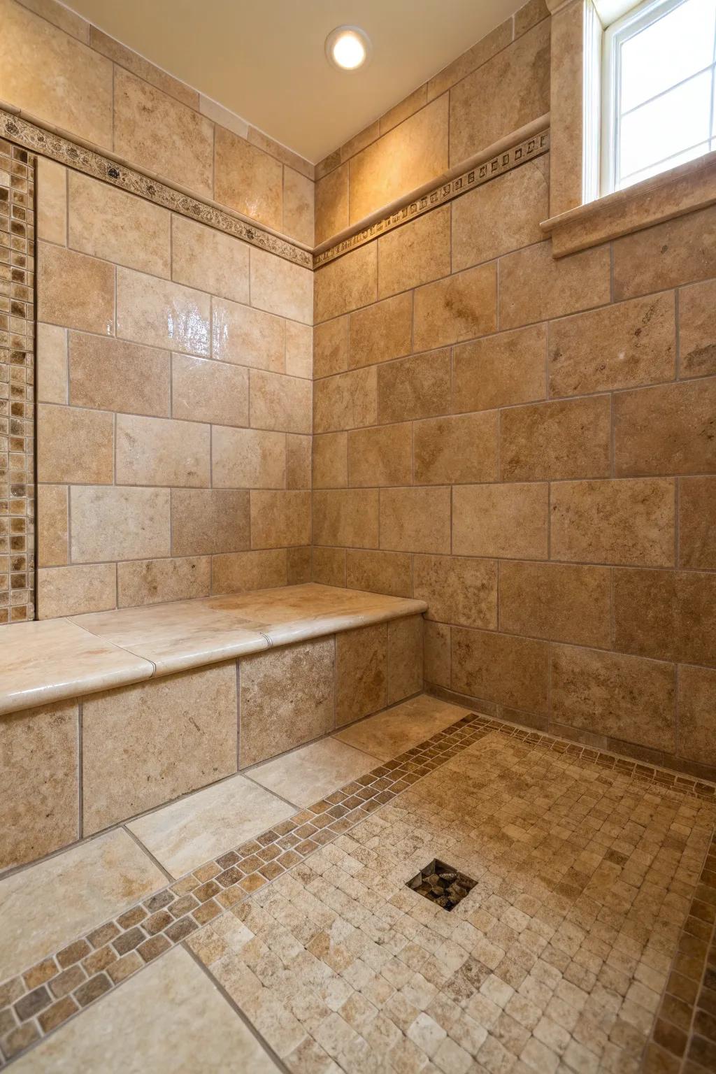 Textured rock tiles in earthy tones create a serene, spa-like atmosphere on this shower base.