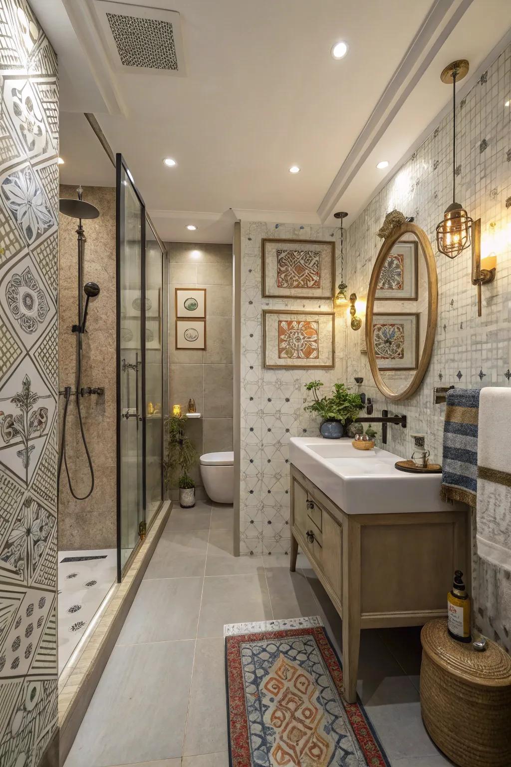 A personalized and stylish shower space with artistic elements.