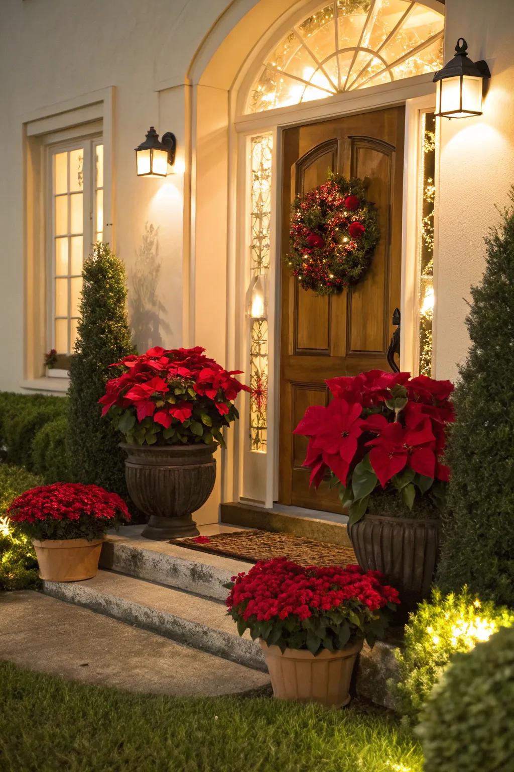 Scarlet blooms nestled in pots usher in vibrant holiday cheer.