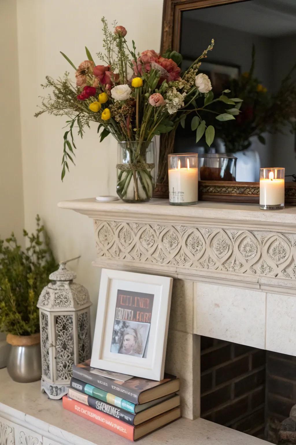 Asymmetry infuses a contemporary and animated sensation into this mantel.