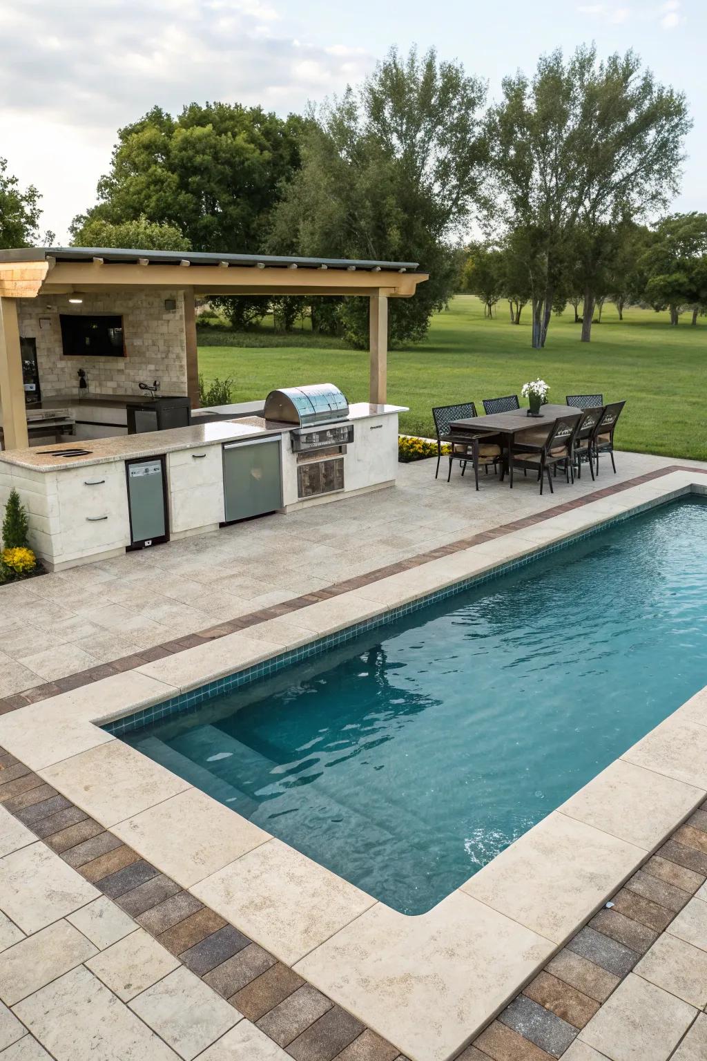 An outdoor kitchen offers the ease of poolside eating.