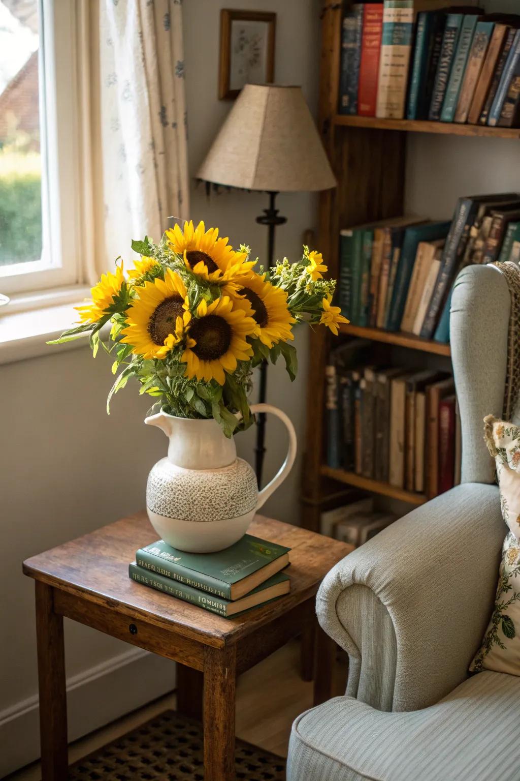 An old teapot brings whimsy to a sunflower arrangement.