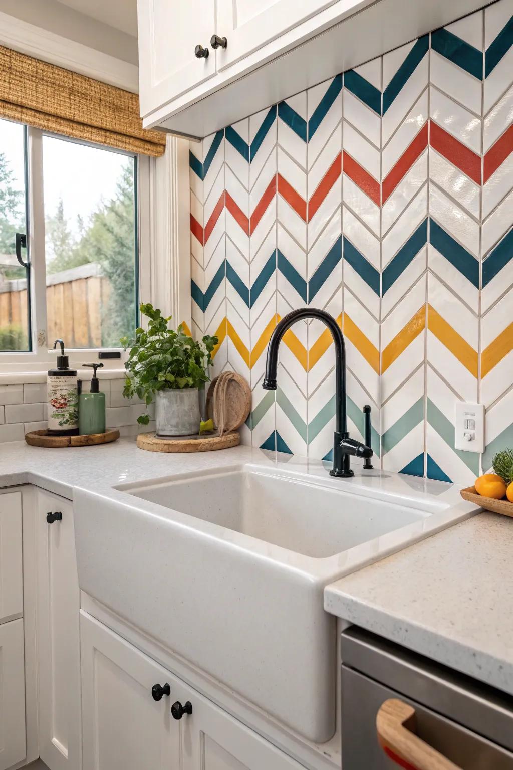 Lively chevron patterns add movement and interest to the cooking area.