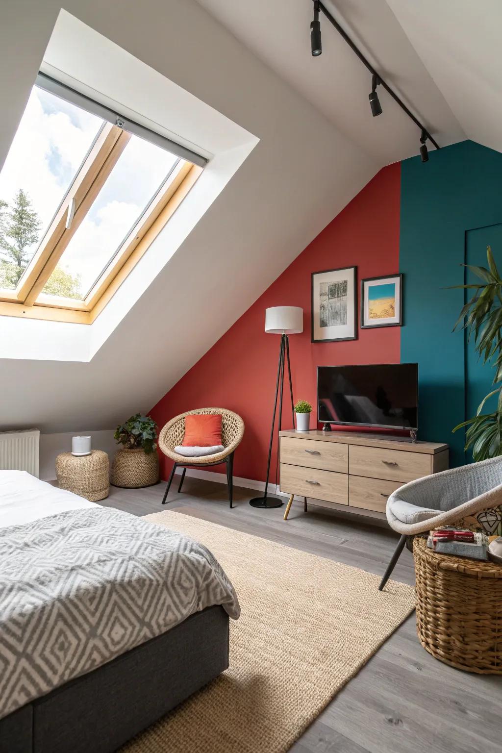 A bold accent wall adds depth and vibrancy to this attic bedroom.