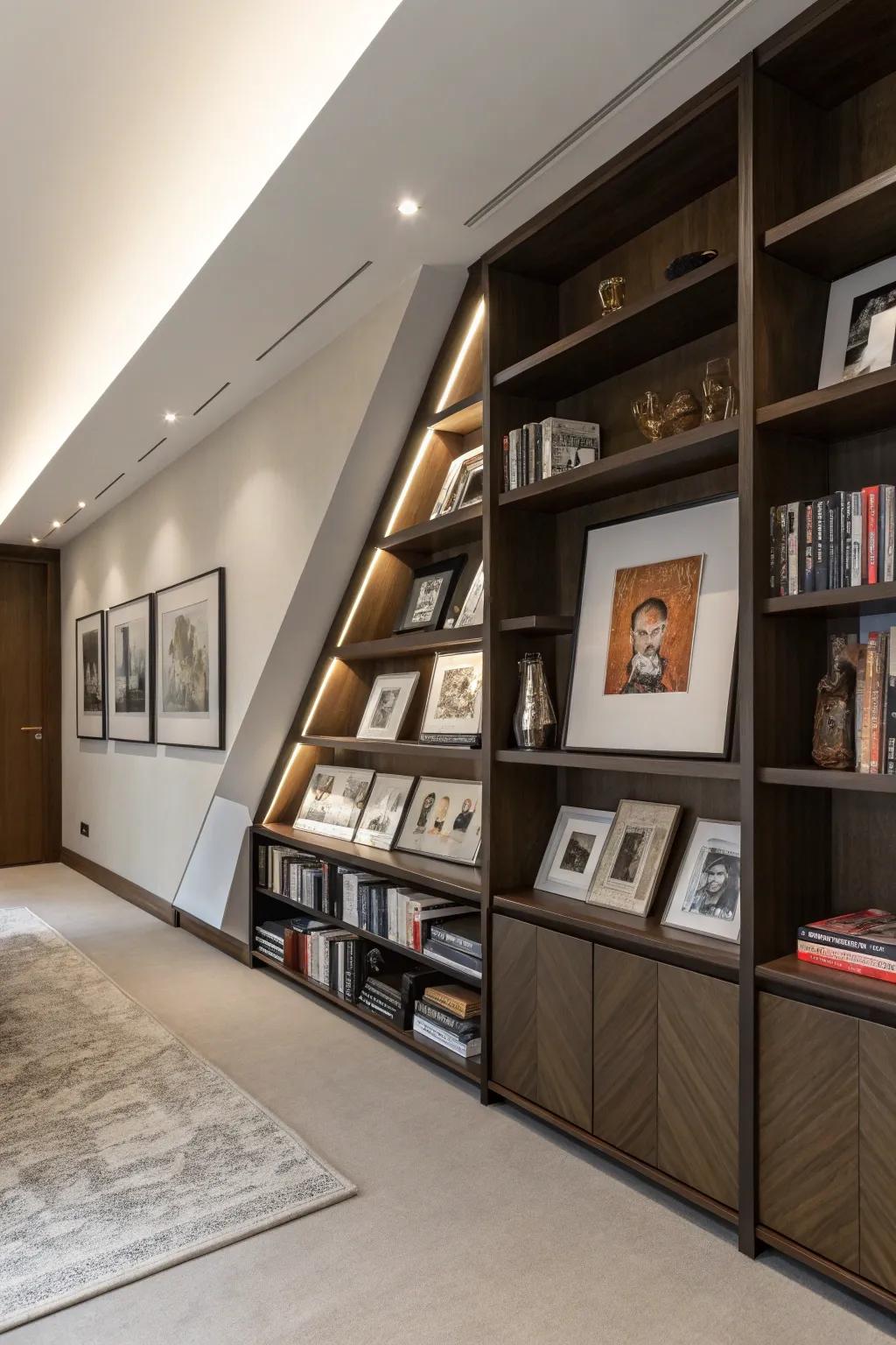 Artistic shelving combines storage with decorative flair.