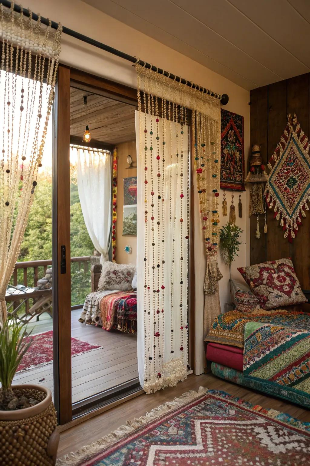 Strung window coverings bring a bohemian vibe and texture.