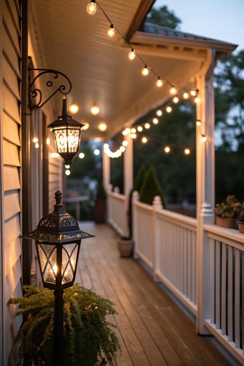 Layered lighting creates a warm ambiance on a small porch.