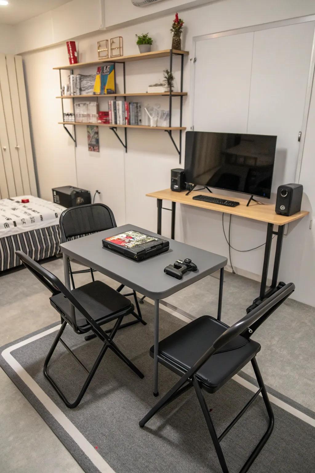 Furniture that folds up gives you choices in a small gaming room.