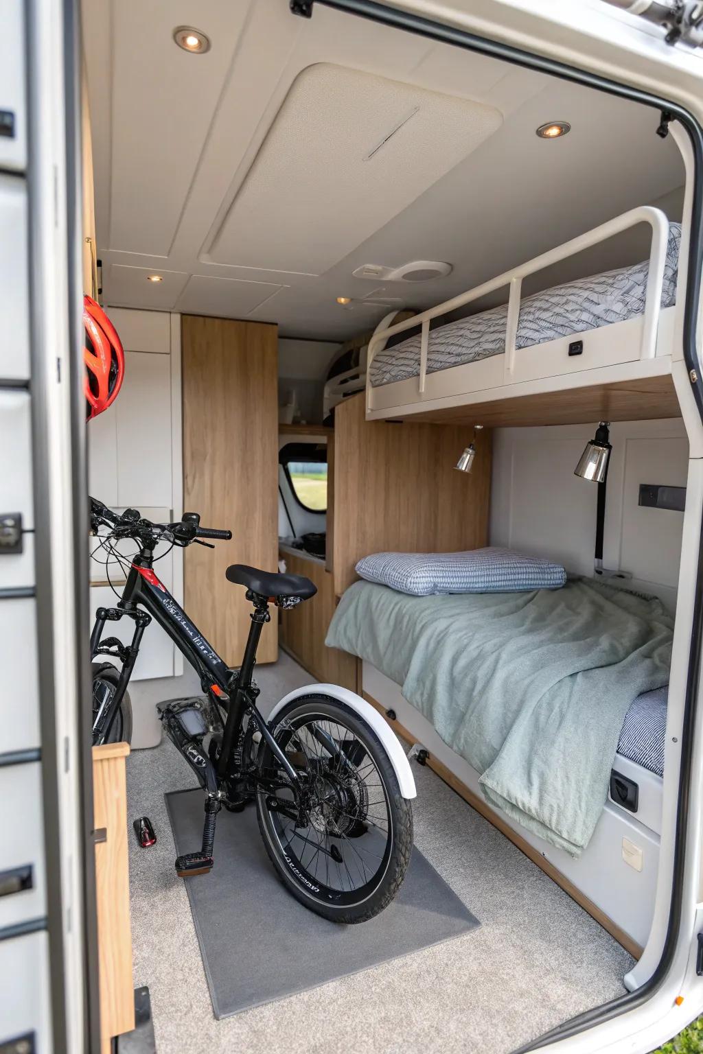 A foldable bike in a camper provides mobility without taking up floor space.