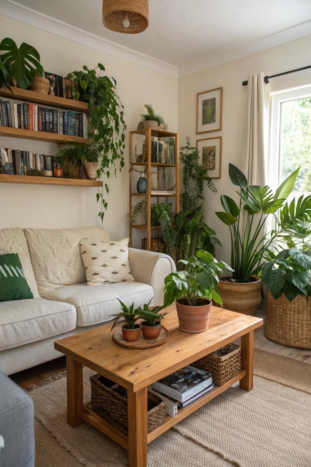 Indoor flora injects both life and freshness within this comfortable living space.