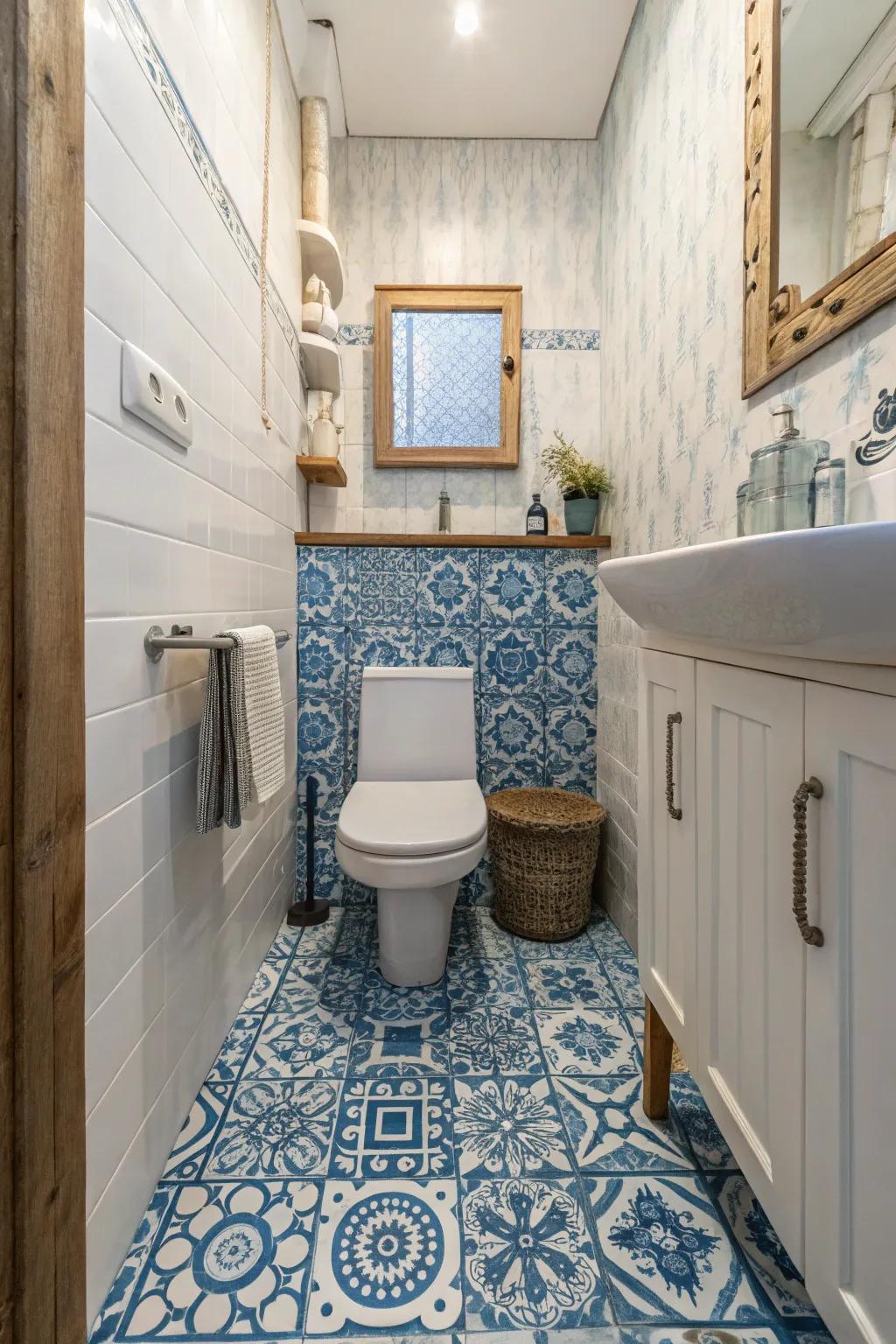 Blue patterned floor coverings add character and continuity to the bathroom.