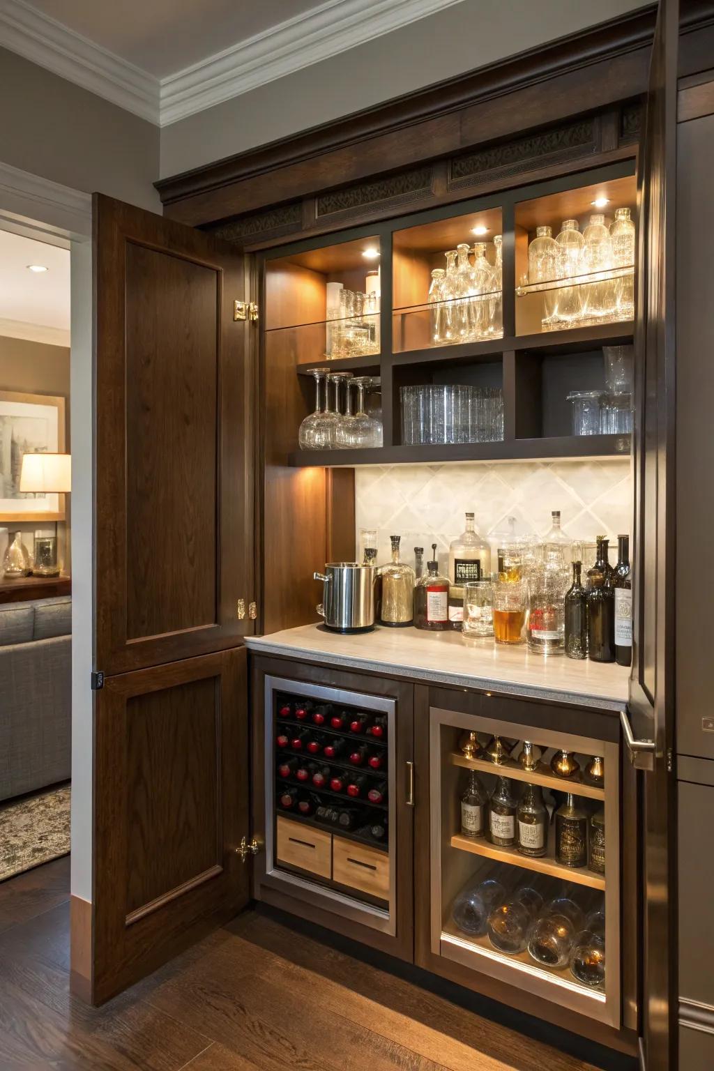 A concealed dry bar beyond hutch panels.