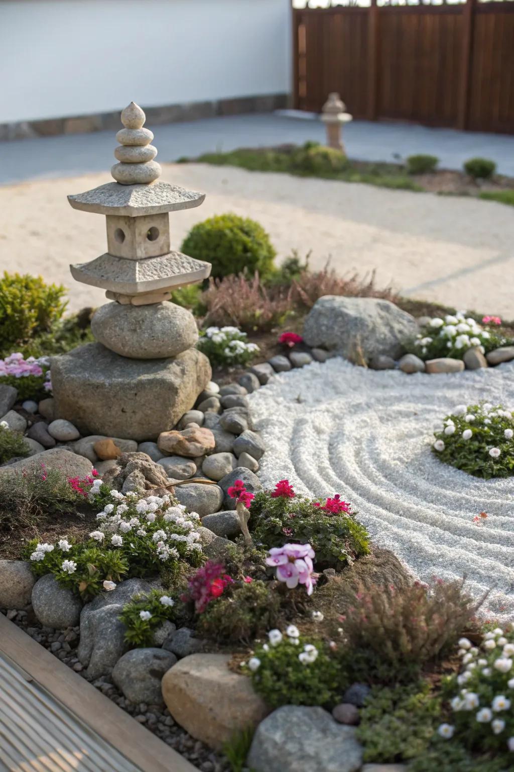 A tranquil compact flower garden featuring minimalist Zen garden elements.