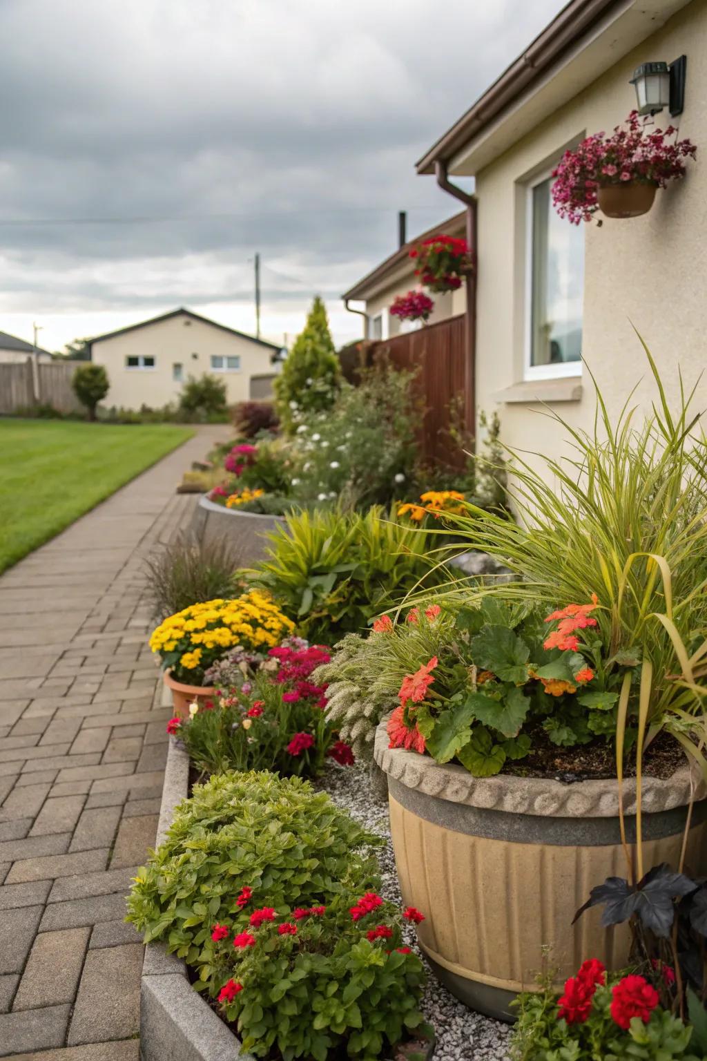 Seasonal containers furnish year-round visual concentration.