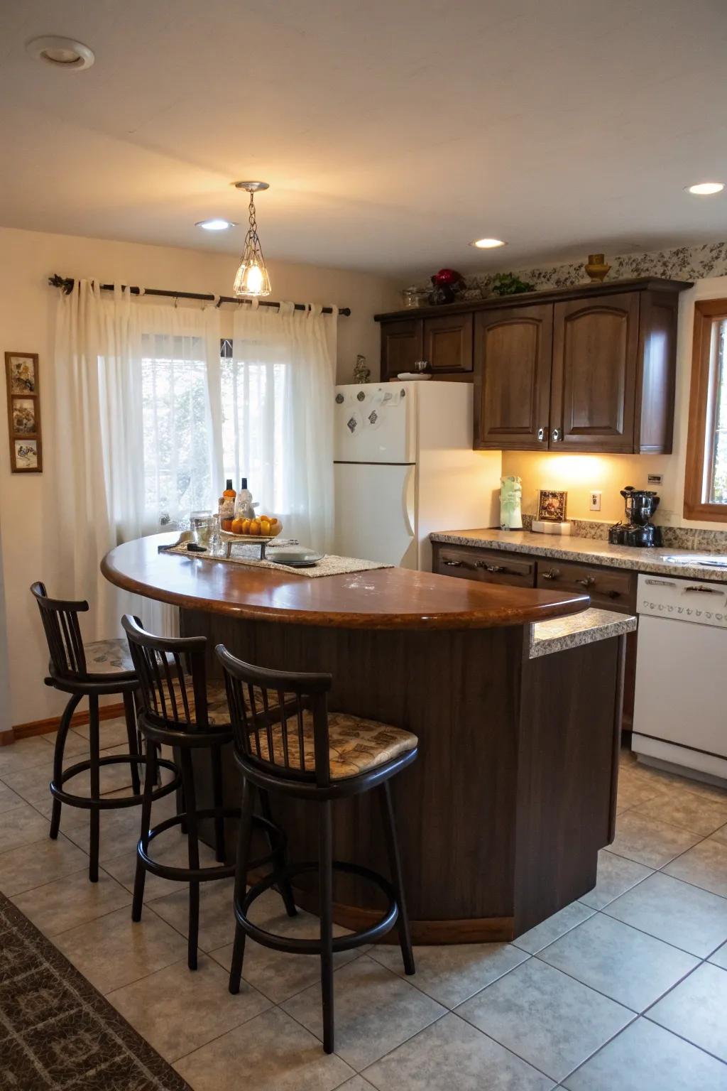 Rounded islands offer style and improved flow in small kitchens.