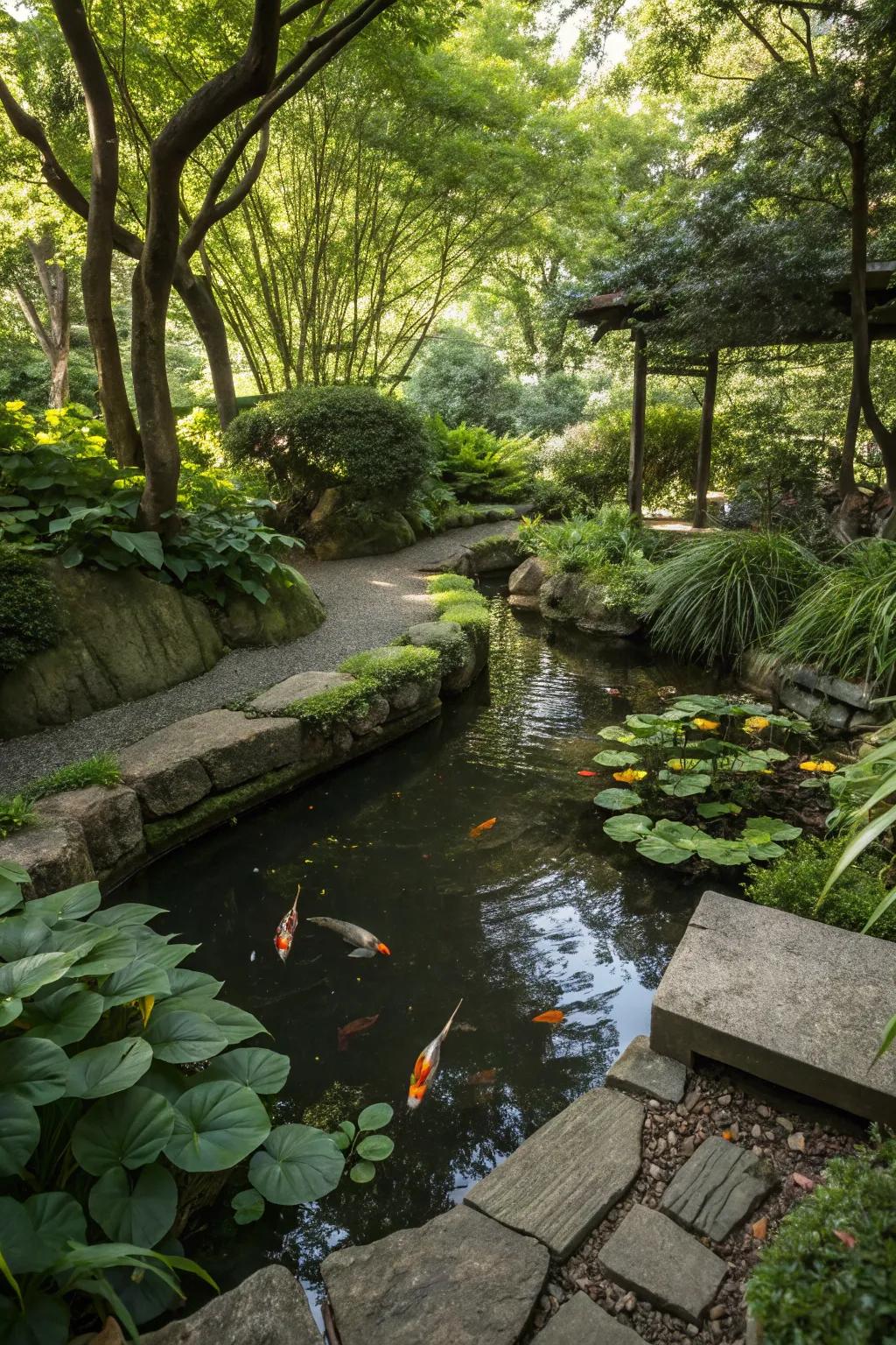 A shaded koi haven sanctuary for cooler waters and happier fish.