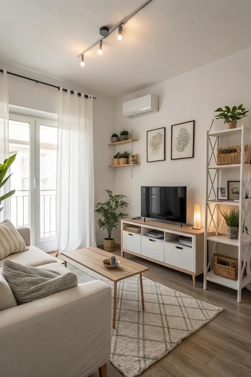 A streamlined strategy maintains an open and airy space.