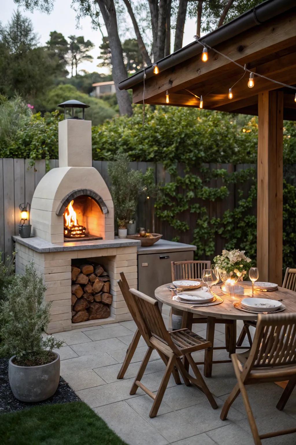 A tabletop fire pit introduces warmth and ambiance.
