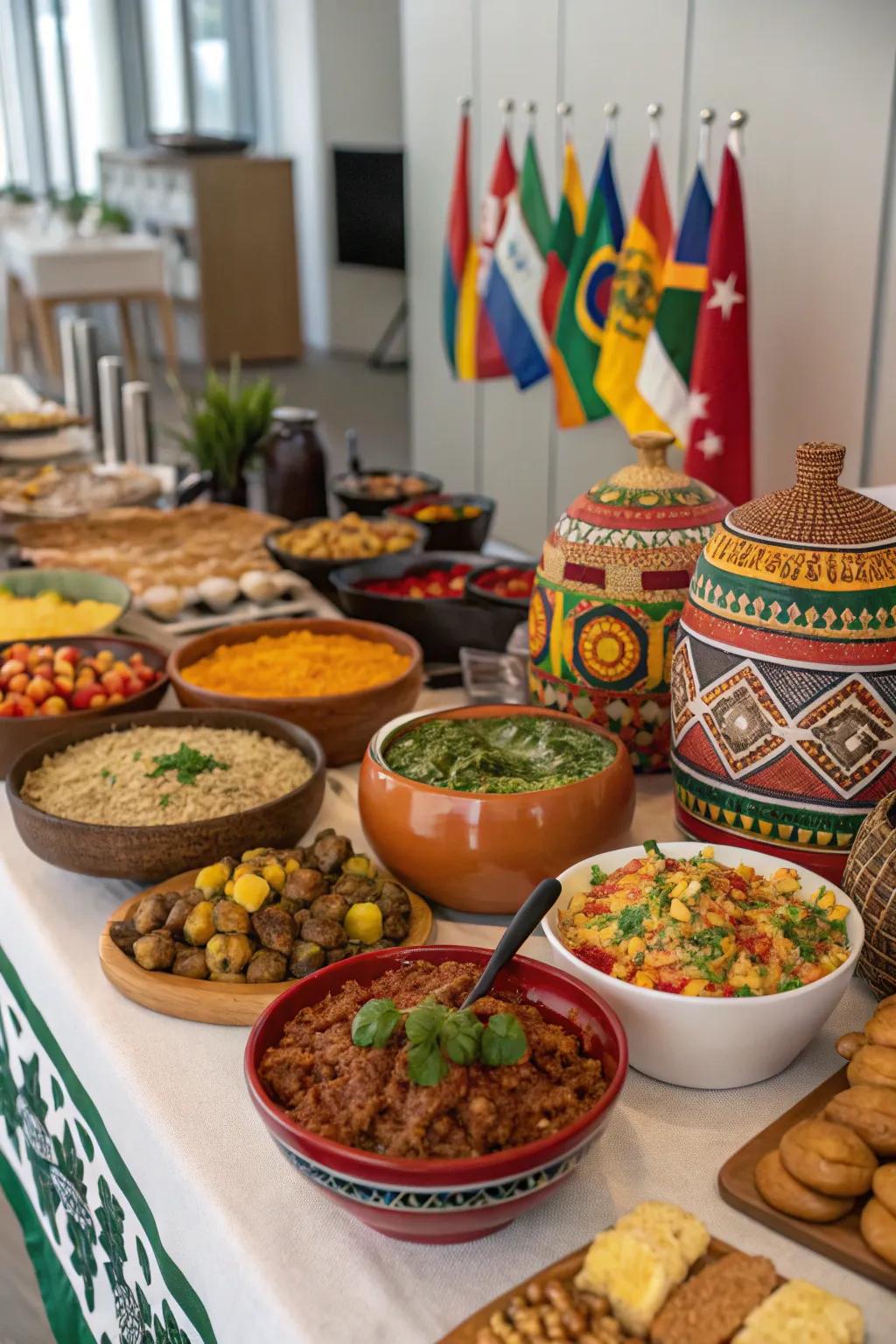 A cultural sharing evening featuring diverse dishes and cultural items.