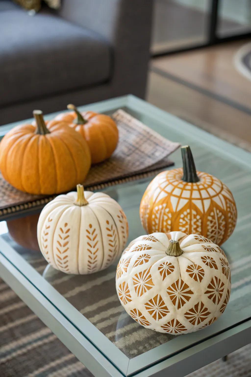 Pumpkins marked with templates showcase complex, sophisticated designs.