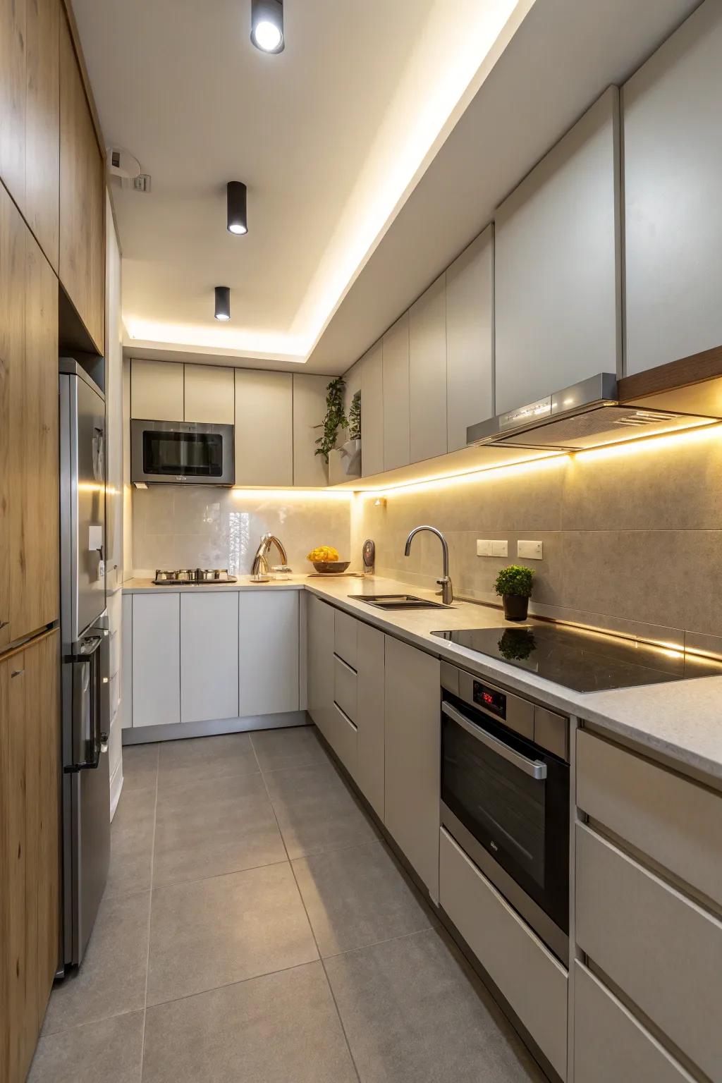 Below-cabinet lights brighten up small kitchen workspaces.