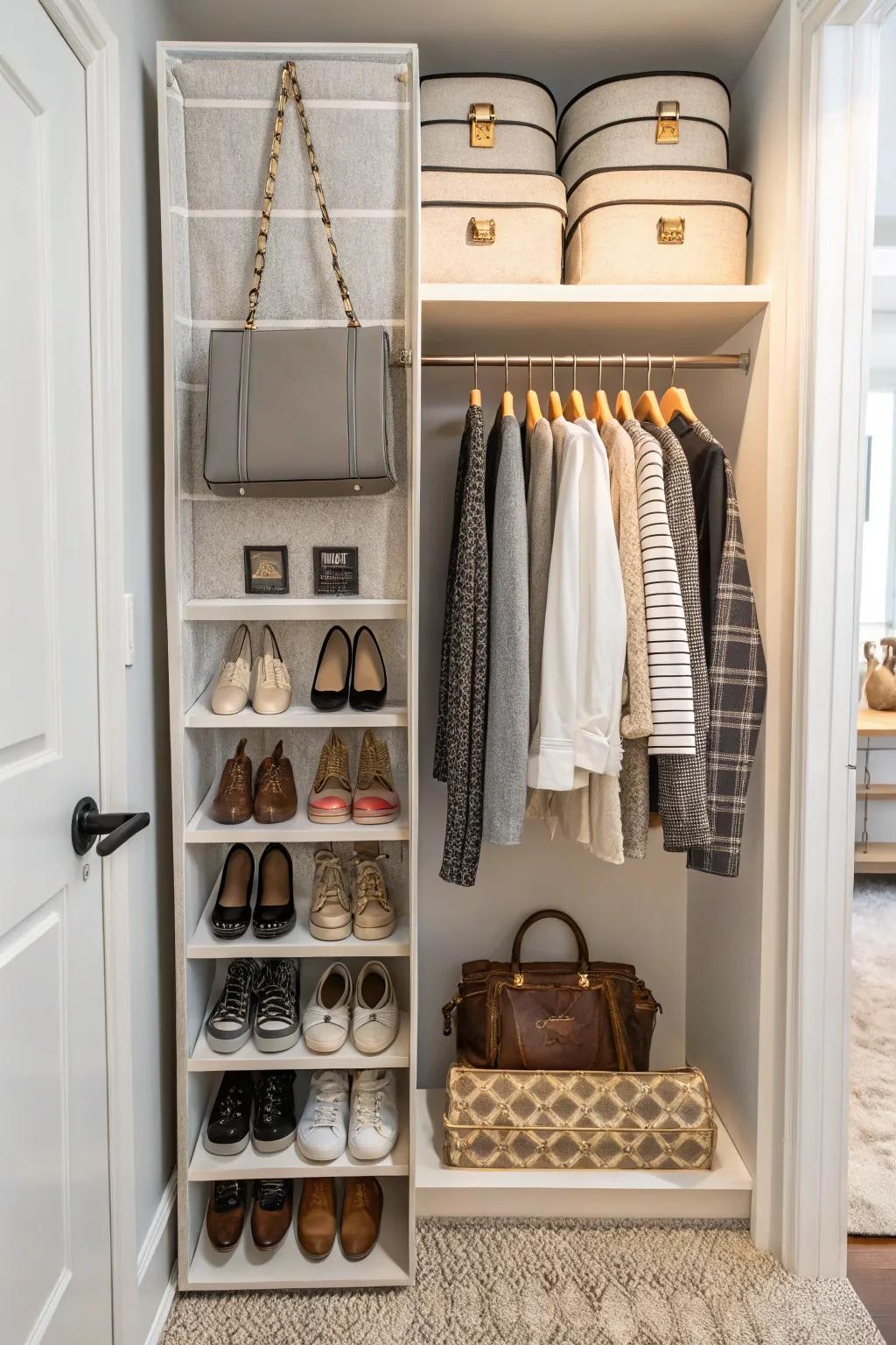 A hanging organizer in a closet maximizes space for shoes and accessories.