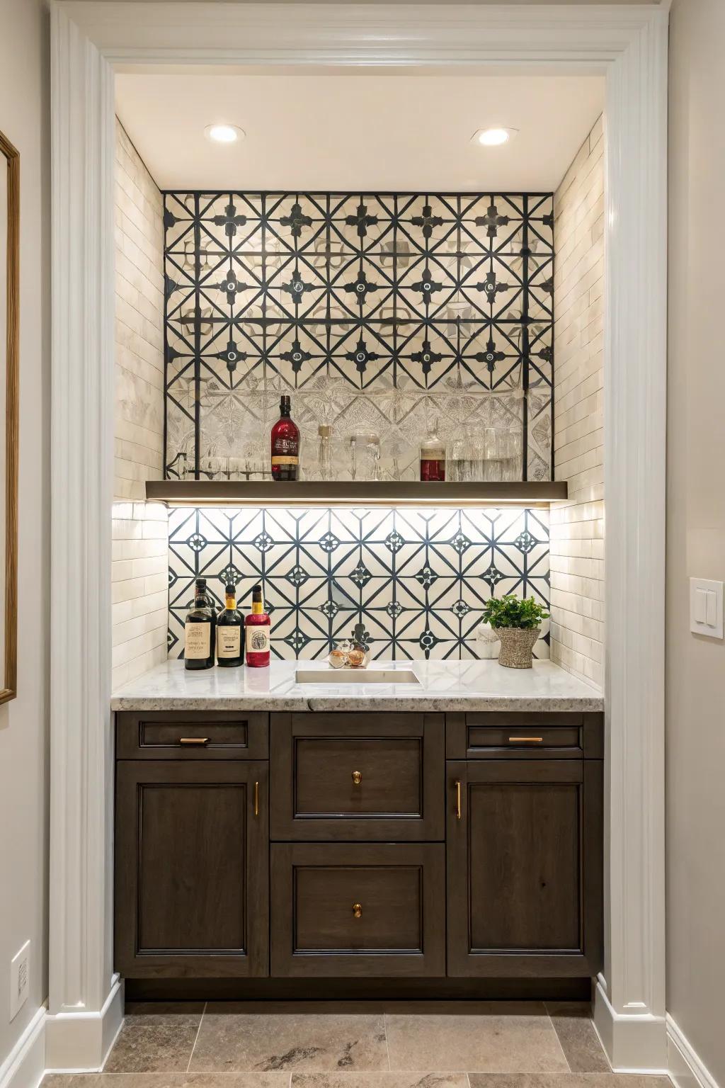 A compact wet bar features geometric patterns, which adds intrigue.