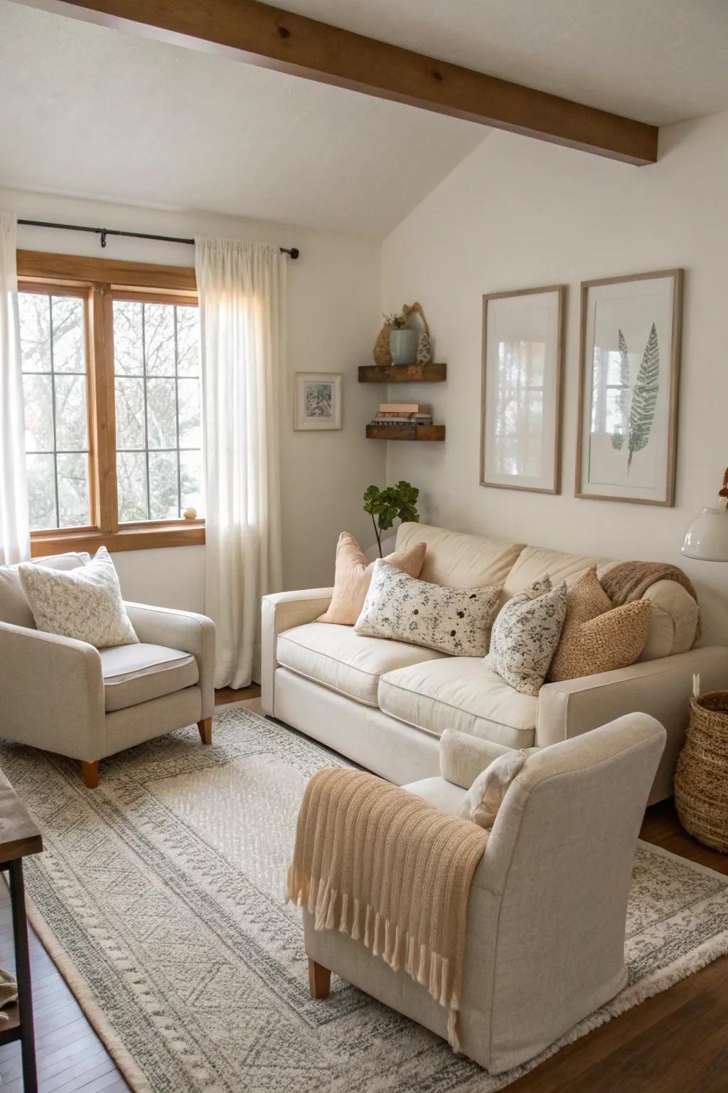 Low-profile seating enhances the spaciousness of a small living space.